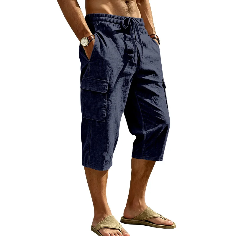 Europäische und amerikanische Sommer-Shorts aus Leinen für Herren, lässig, Outdoor, Arbeitskleidung, Pendler, Sport, Multi-Pocket, 7/8-Länge – Detail 9