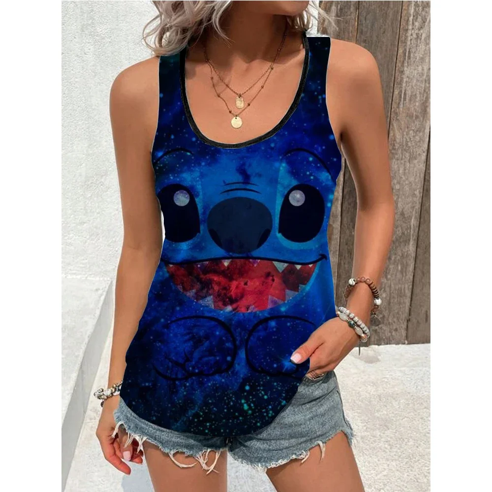 New Disney Stitch Print Tank Top Summer Casual Strap Sleeveless U-neck Slim Fit T-shirt Girls Top T-shirts Women street style