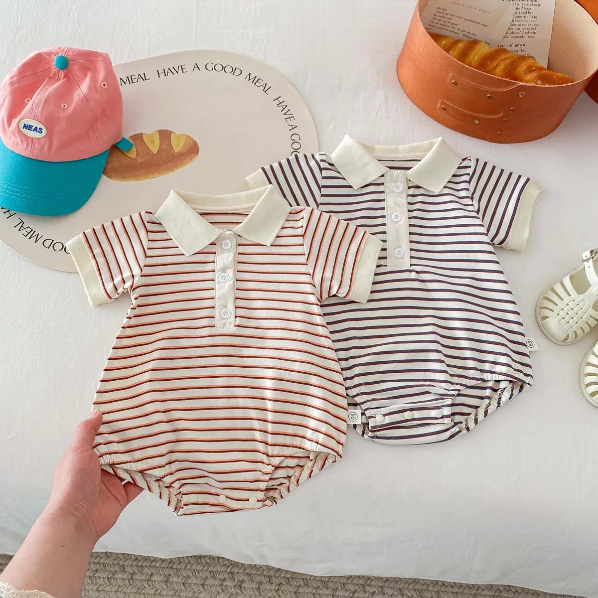 Summer Baby Boys Girls Jumpsuit 0-2 Years Old Newborn Baby Romper Cotton Striped Polo Collar Short Sleeved Infant Bodysuit