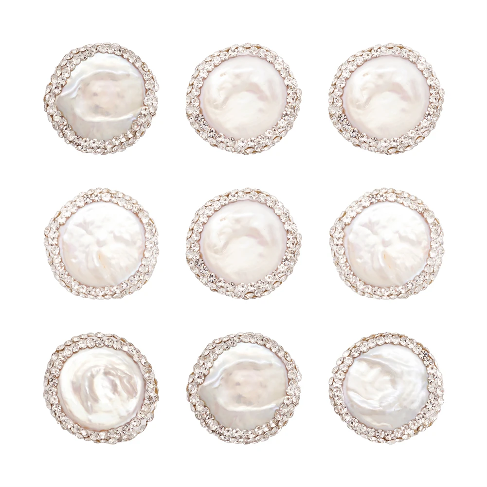 10pc Seashell Flat Round Natural Pearl Beads with Polymer Clay Rhinestone DIY Jewelry Accessories Finding Making Pandahall