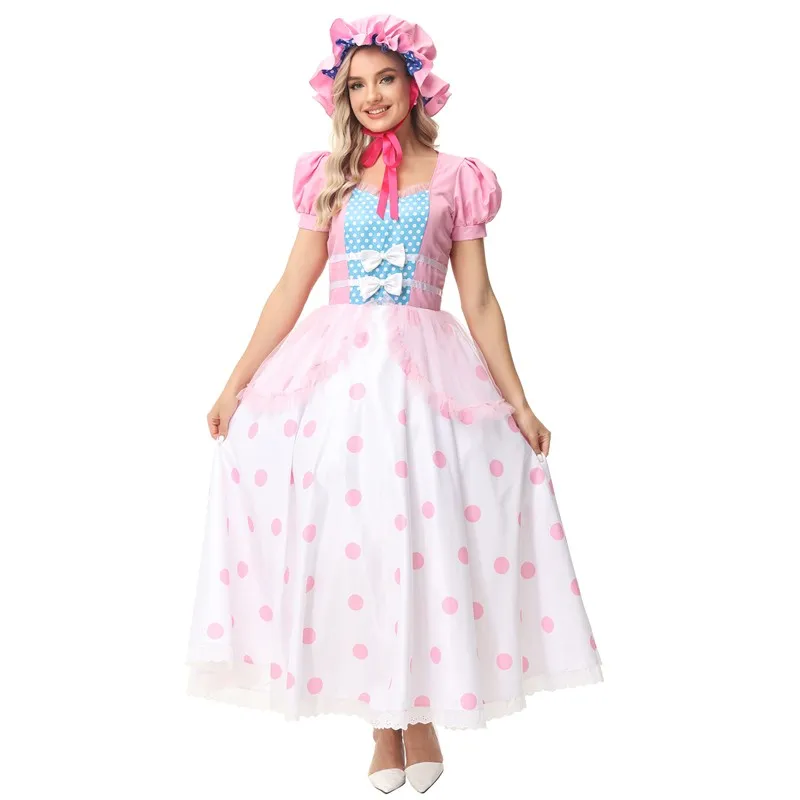 لعبة الهالوين للنساء البالغات S Bo Peep epherd Girl مجموعة أزياء دكتور الوردي مادة البوليستر الزي الصيني التقليدي