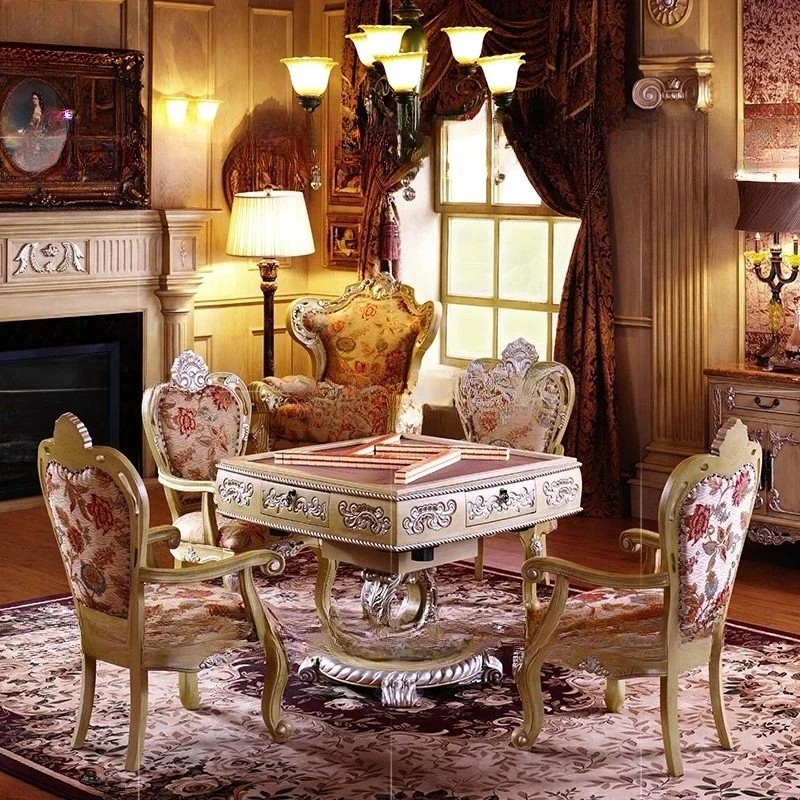 European solid wood mahjong table automatic chess and card table white old antique white drawing silver luxury high-end