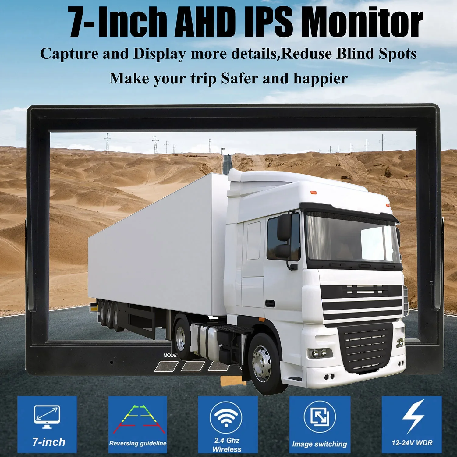 Uvusee 7-inch 1024X600 IPS Monitor 720P Wireless Backup Camera DVR Kit +IP69 Rear View Reversing Camera For truck Bus RV Vehicle