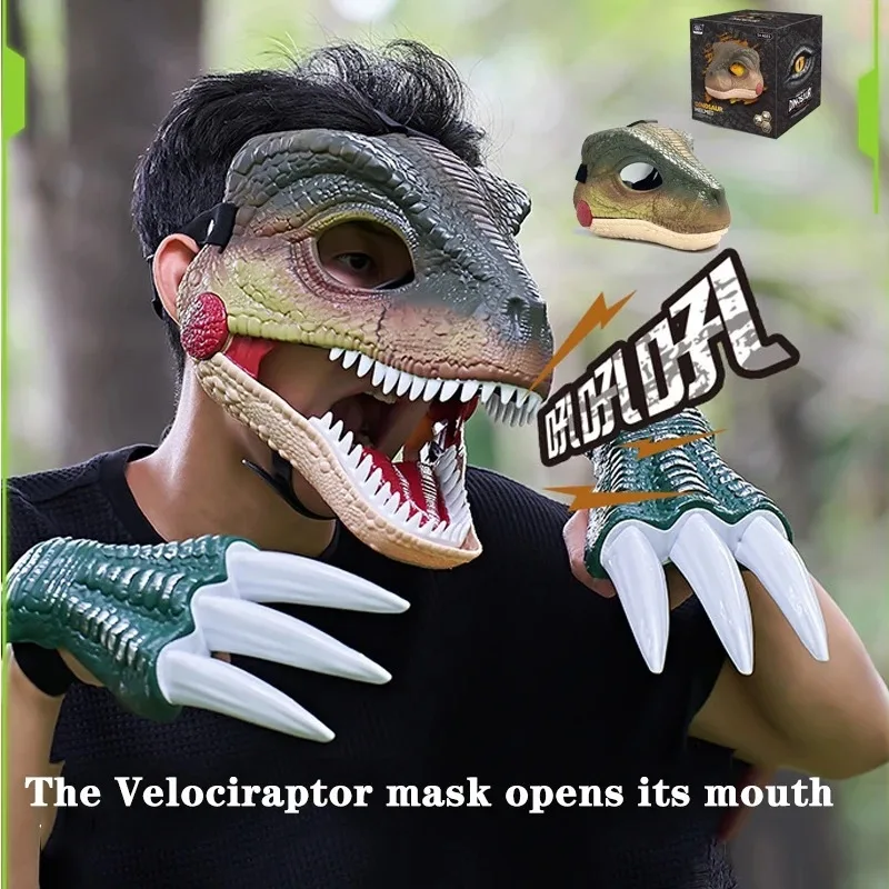 Jurassic dinozor oyuncak elektrikli dinozor baş maskesi simülasyonu Velociraptor açılış ağız ses efekti çocuk komik oyun hediye