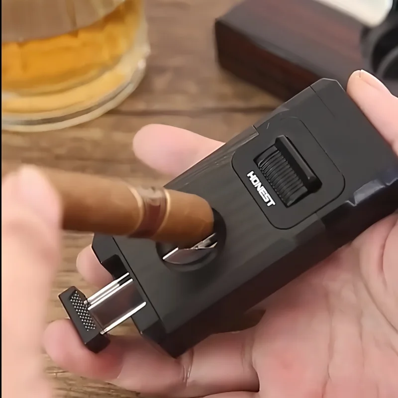HONEST HOT Briquet à cigares de luxe, torche à gaz au butane rechargeable, flamme à double buse, avec porte-cigare à lame en V, pour fumer