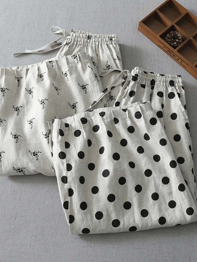 면 린넨 와이드 레그 랜턴 팬츠 여성 여름 밴딩 허리 살 커버 슬림핏 젊은 캐주얼 린넨 나인 포인트 팬츠