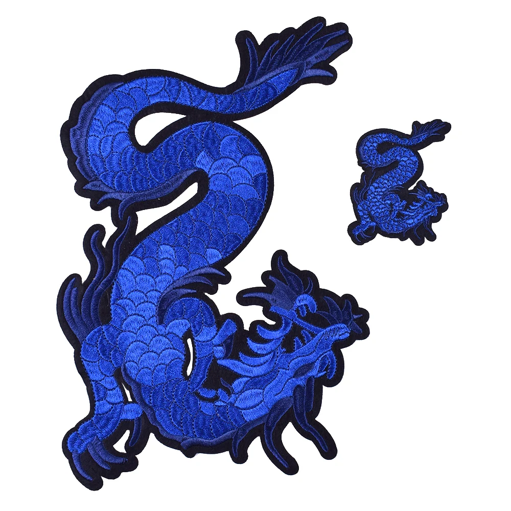 1Pc Blue Dragon Animal Embroidery Patches Biker Embroidered for Jacket Clothing Ironed Sewn on Badge