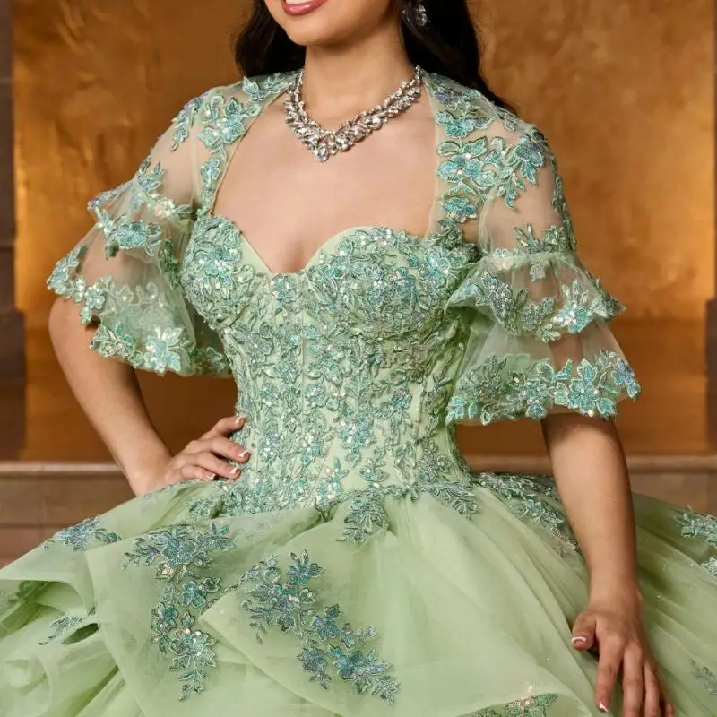 

Glitter Mint Quinceanera Dress Ball Gown Lace Applique Crystals Beads With Cape Tiered Sweet 16 Vestido De 15 Anos