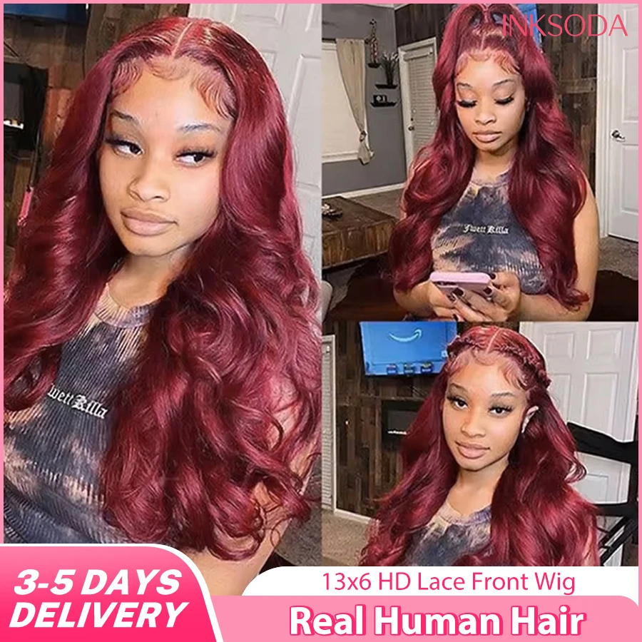 

Парик из натуральных волос Body Wave 99J Burgundy, 13x6 HD Lace Front, 13x4 Lace Frontal, с предварительно выщипанной линией роста волос, бразильские волосы