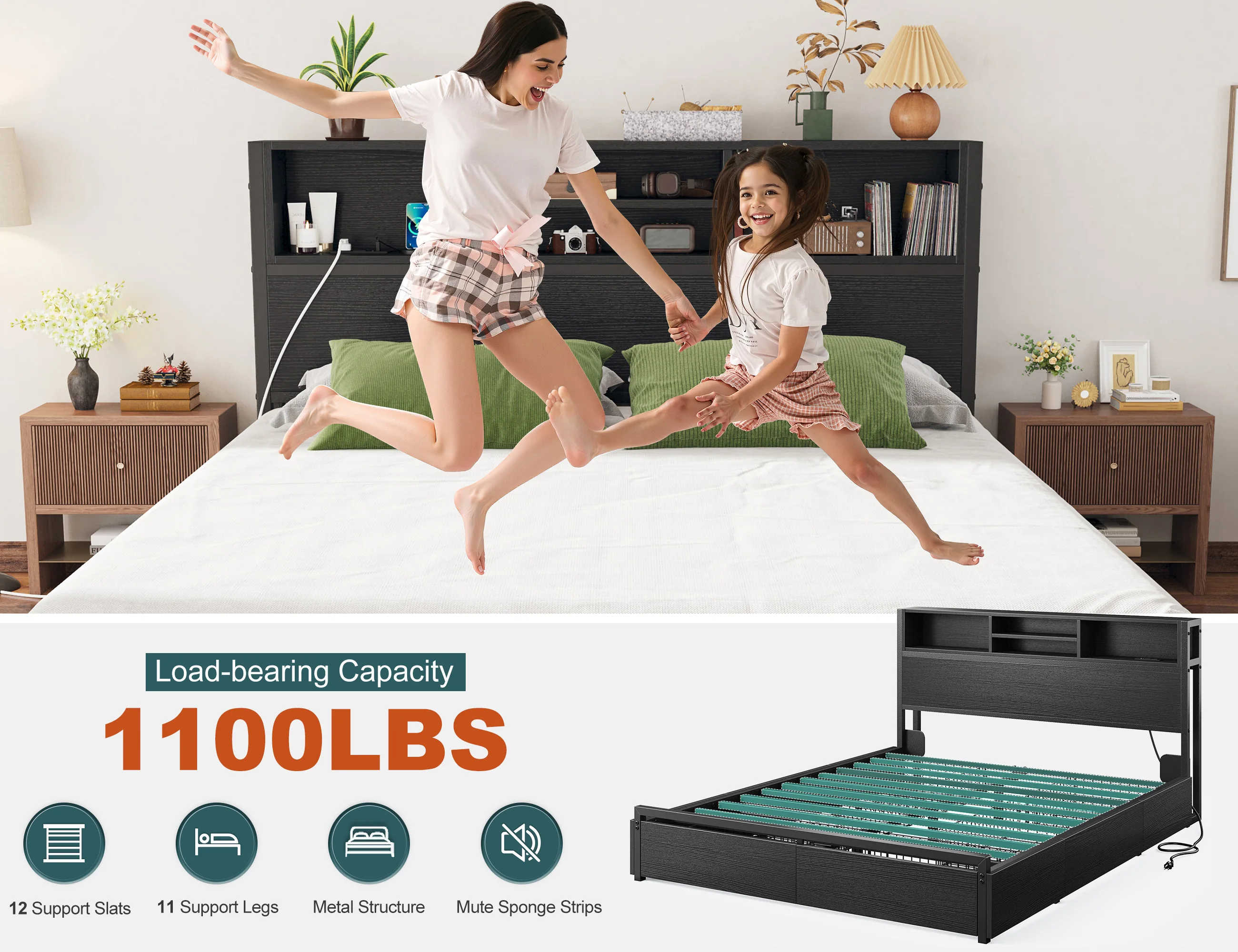 EnHomee Full/Queen/King Bed Frame with 6 Storage Drawers & Charging Station Metal Platform Bed Frame with Bookcase Headboard,No Noise view 6