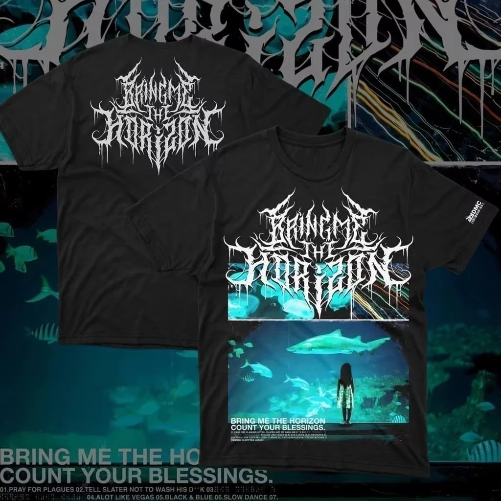 Anime Style Graphic Print T-shirt Bring Me The Horizon Album Poster Tees Harajuku Street Y2K Fashion Loose Casual Oversized Tops
