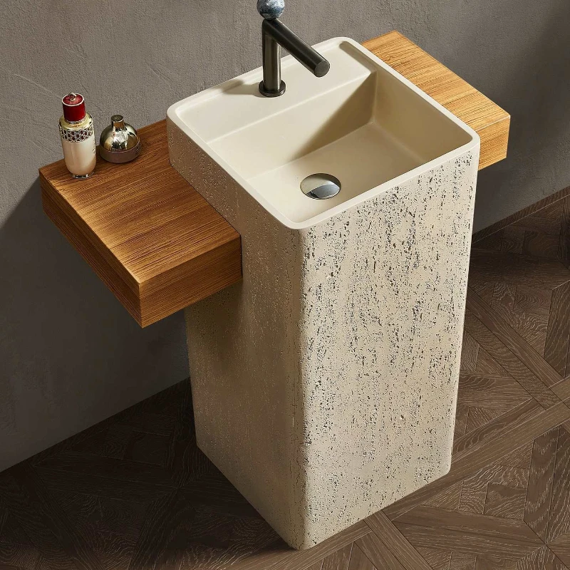 

Medieval retro style floor-to-ceiling T-shaped beige Roman travertine column basin wash basin bathroom bathroom bathroom cabinet