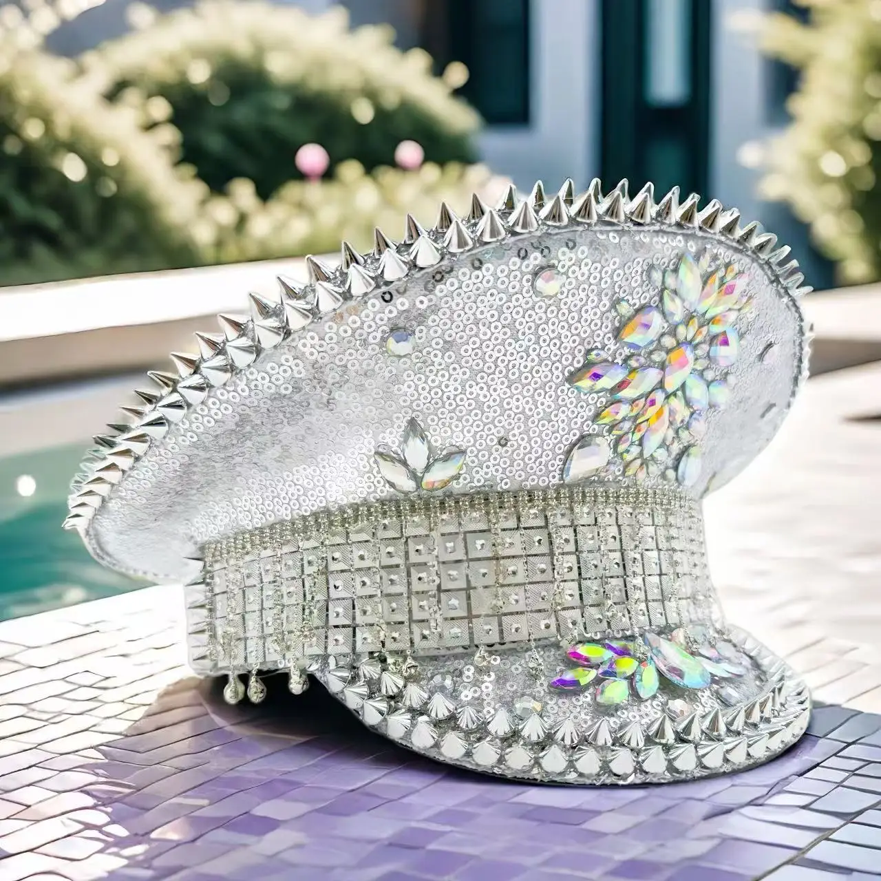 HongLuan Yellow Laser Leather Loop Captain Hat Rhinestone & Military Caps for Woman, Rave Festivals Accessories ＆ Party Cap Man