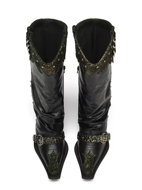 New Autumn/Winter Women's Black Chunky Heel Rivet Buckle Side Zipper Patchwork Western Boots Square Toe Trendy Street Long Boots 6