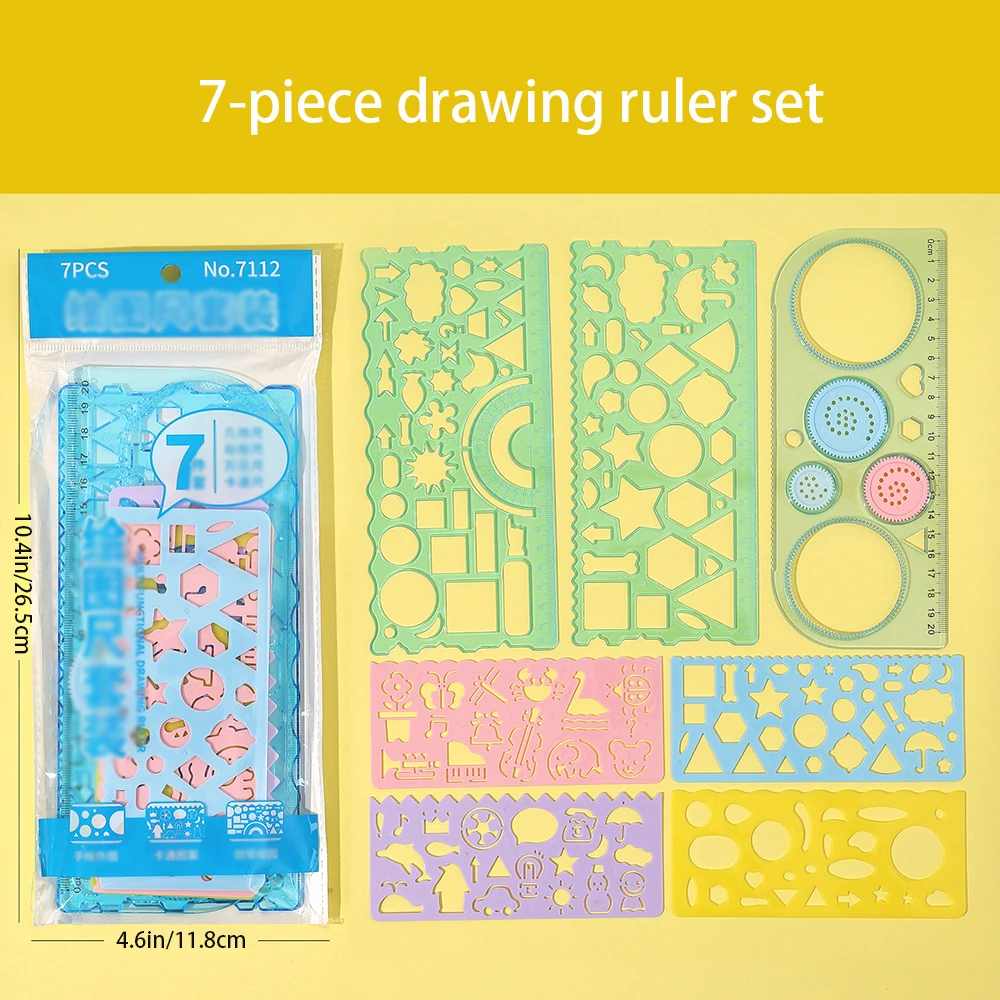 

7-piece multifunctional ruler set, versatile ruler, handwritten report template, student geometry drawing ruler tool
