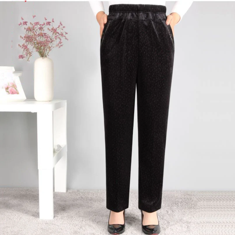 5XL Middle Age Women Straight Trousers Spring And Autumn Casual Elastic Waist Pants Winter Golden velvet Thick Warm Female Pants