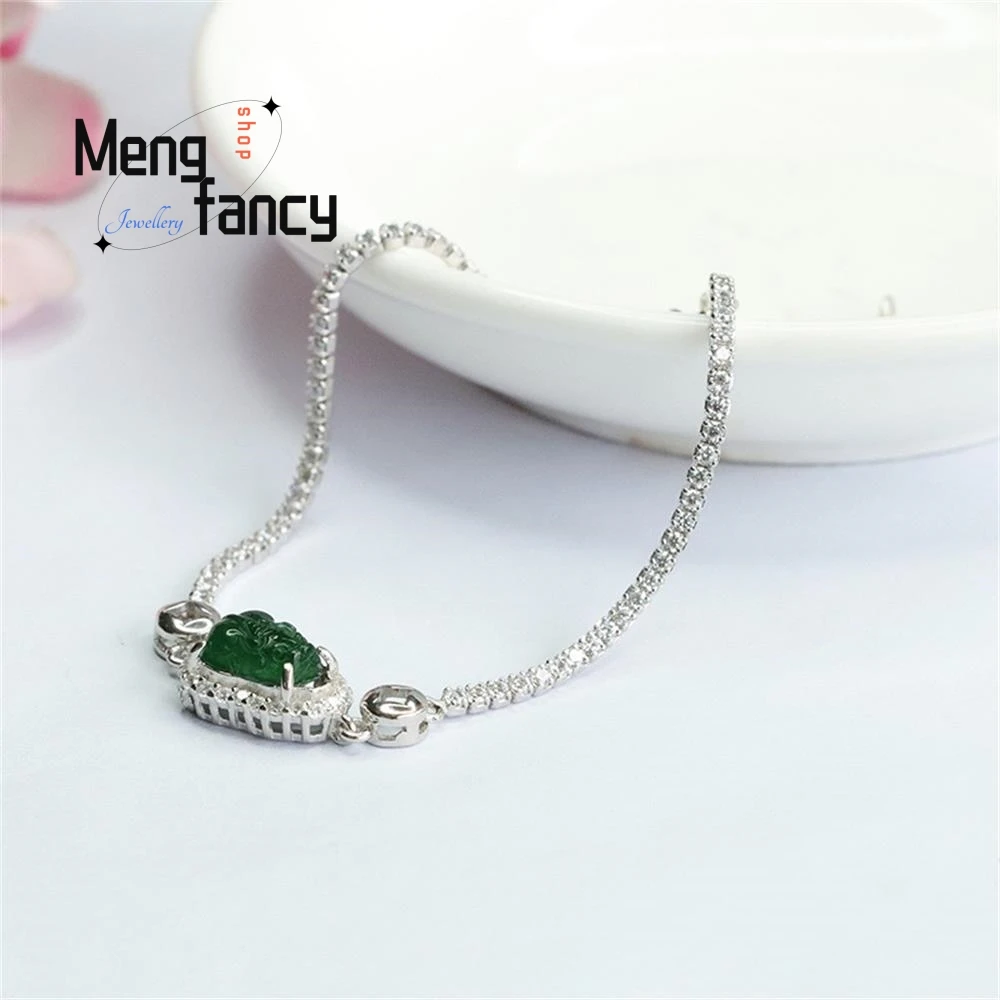 S925 Silver Inlaid Natural Jadeite Ice Type Imperial Pixiu Bracelet Exquisite Elegant High-grade Couple Luxury Fashion Jewelry