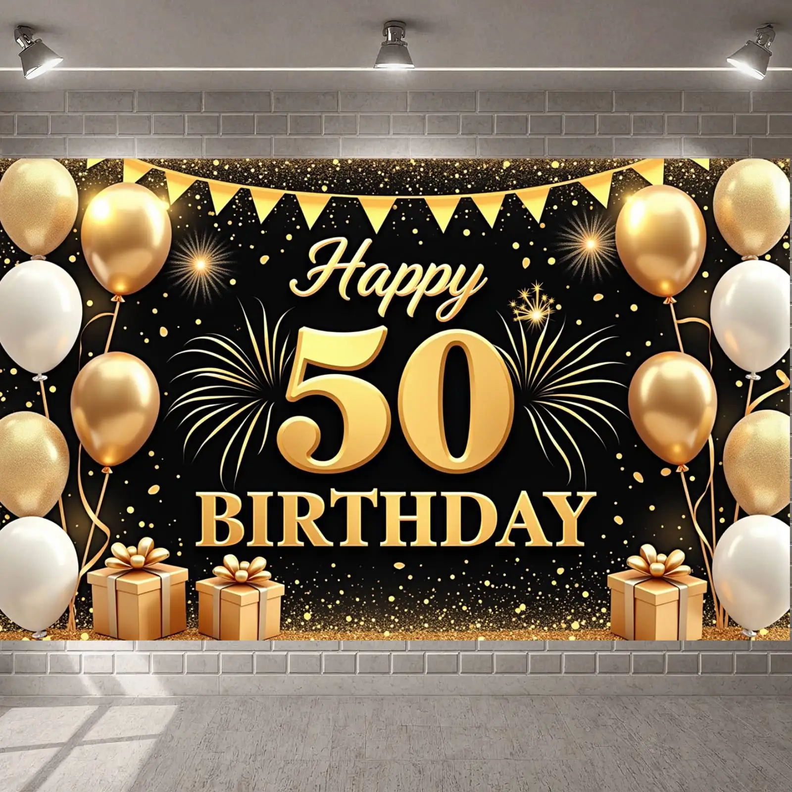 Banner zum 50. Alles Gute zum Geburtstag, luxuriöses Feuerwerk-Design, Geschenkbox, goldener Geburtstagshintergrund für 50. Geburtstagsfeier, Feier im Innenbereich