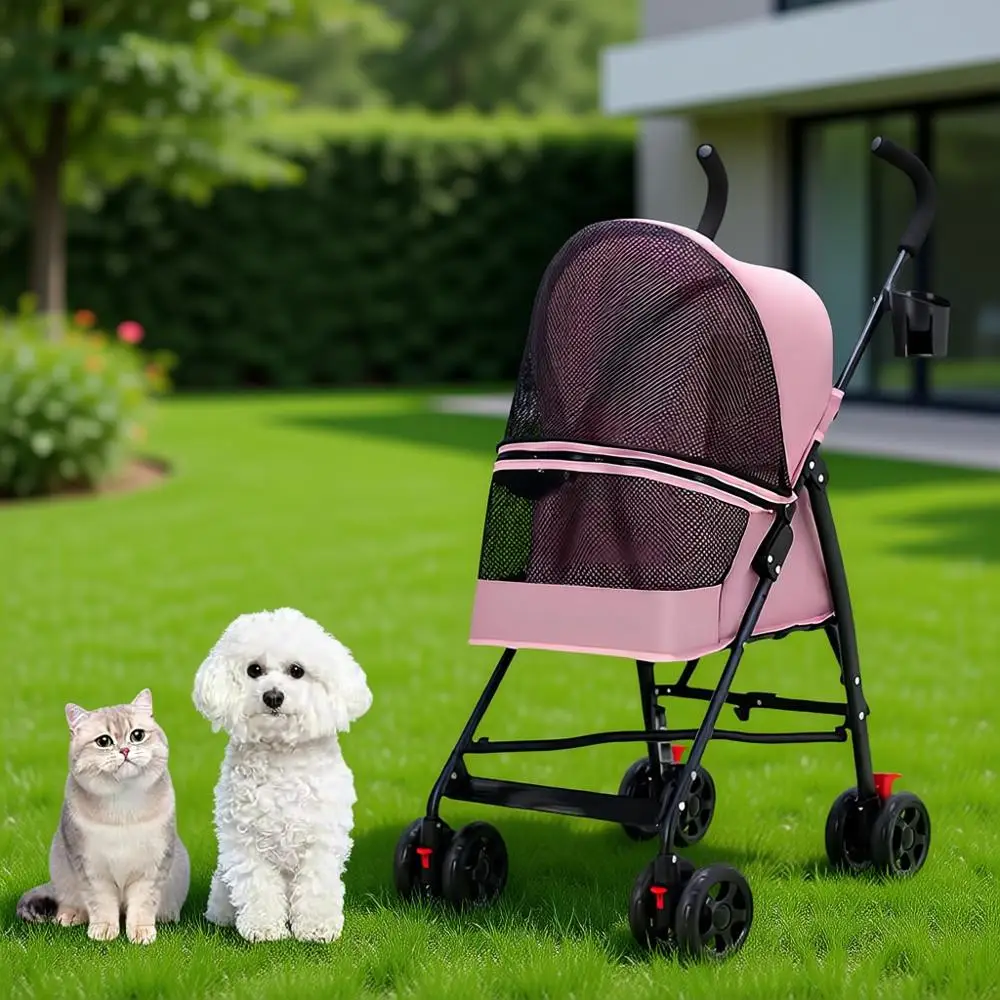 

Складная коляска для собак и кошек на 4 колесах, для собак и кошек весом от 0 до 15 фунтов, с держателем для стаканов, дышащая сетка, розовая