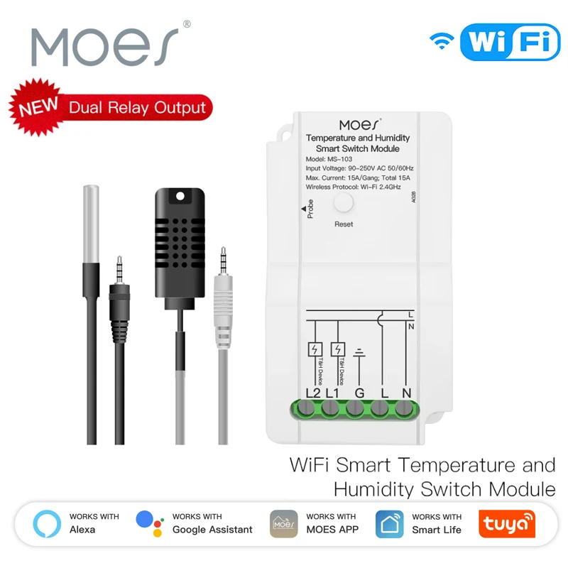 

Модуль датчика температуры и влажности MOES WiFi Smart с двойным реле, беспроводной контроллер для приложения Smart Life, совместим с Alexa и Google