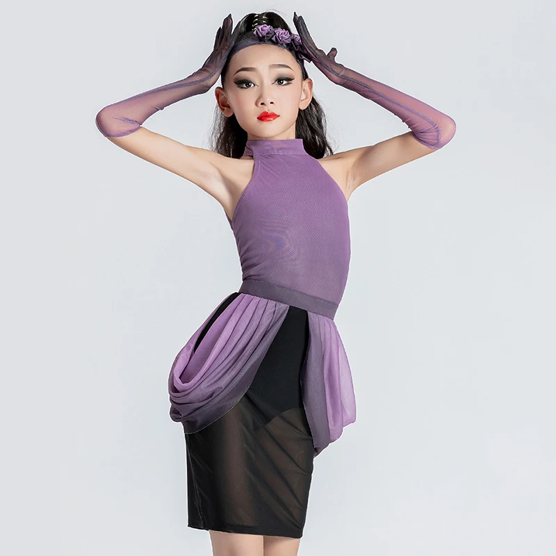

Purple Black Latin Outfit Girls Summer Stage Show Latin Dress Sleeveless Performance Wear Rumba Tango Practice Dancewear VBH2037