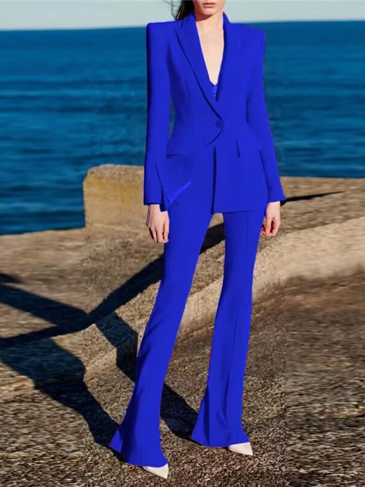 HIGH STREET Newest 2024 Designer Runway Suit Set Women\'s Single Button Slim Fit Lapel Blazer Flare Pants Suit 2pcs Royal Blue