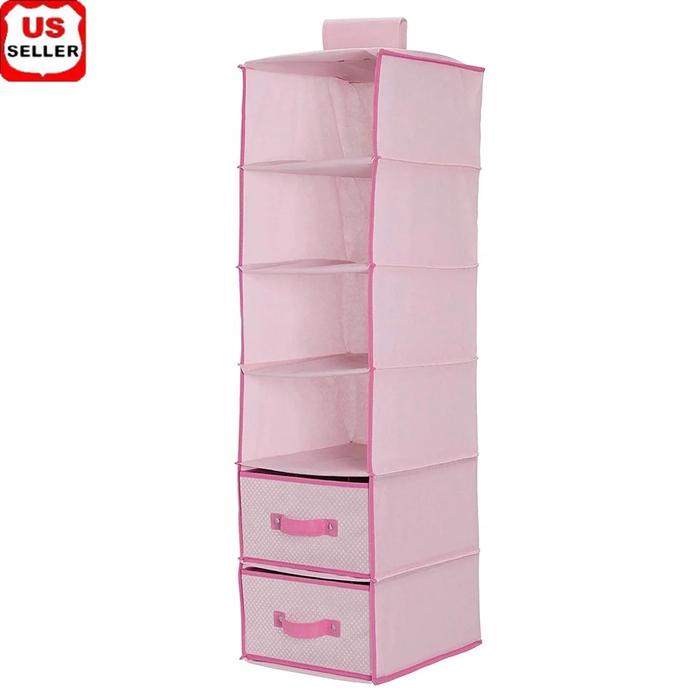 

6-Shelf Hanging Storage Organizer with 2 Removable Drawers Baby Clothes Toys Nursery Vertical Space Saver