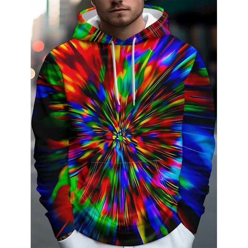 3D Print Hoodie Men Rainbow Tie Dye Swirl Colorful Abstract All Over Print Drawstring Casual Hooded Sweat Top