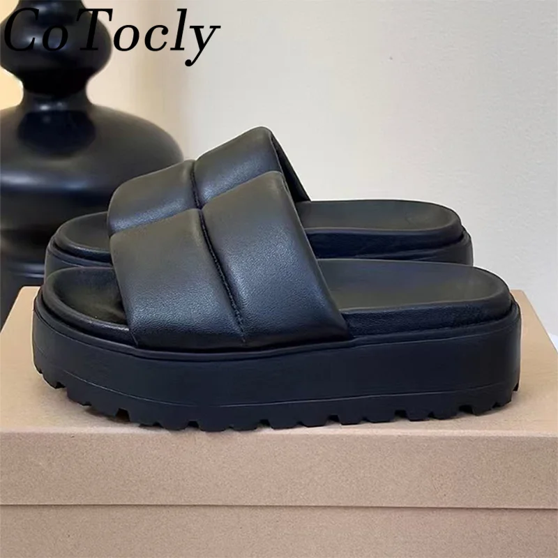 

2025 New Thick Sole Slippers Women Cross Strap Black Apricot Coffee Slides Flat Platform Shoes Woman Summer Slippers Woman