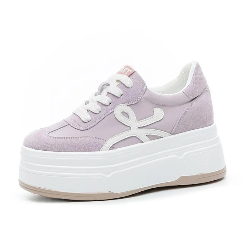 

8.5CM Mesh Genuine Leather Summer Chunky Sneakers Breathable Hollow Casual Platform Wedge Spring Autumn Women Vulcanize Shoes