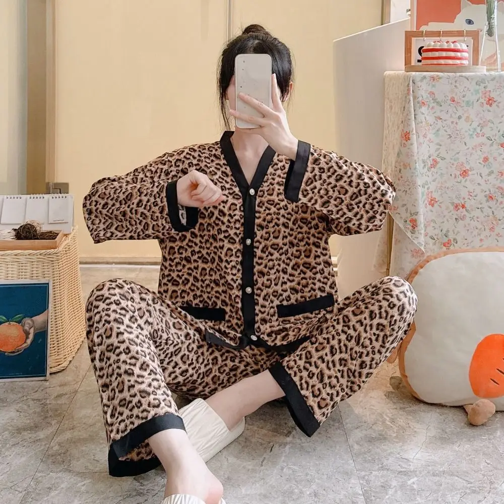 

Korean Style V-neck Grid Pajamas Women Loose Homewear Two Piece Nightwears Spring Autumn Casual Leopard Sleepwear Set Women