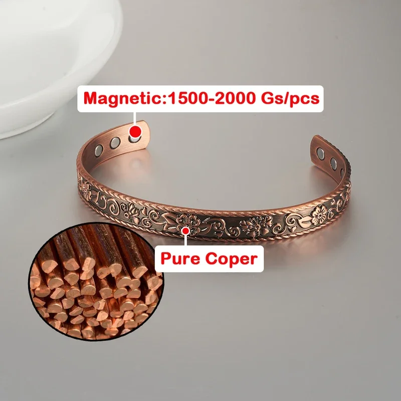 Pure Copper Bracelet Magnetic Flower Butterfly Adjustable Vintage Cuff Bangle 9.7mm Health Energy Magnet Jewelry Resizable Metal