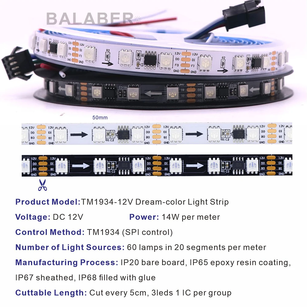 DC12V60LEDs/m TM1934 addressable RGB LED strip light, ambient light with a chasing light effect,suitable for both indoor outdoor