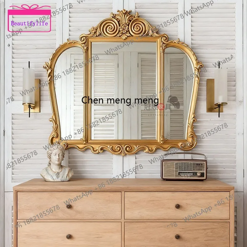 A17 French retro three-sided bathroom mirror wall-mounted bathroom French makeup European-style carved porch decorative mirror