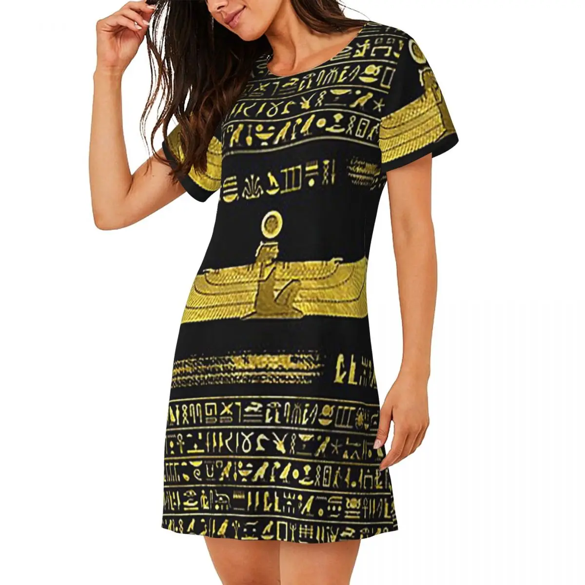 Golden Egyptian God Ornament On Black Leather Short Sleeves Nightdress For Sleeping Women Short Sleeve Nightgowns Pajama Dress