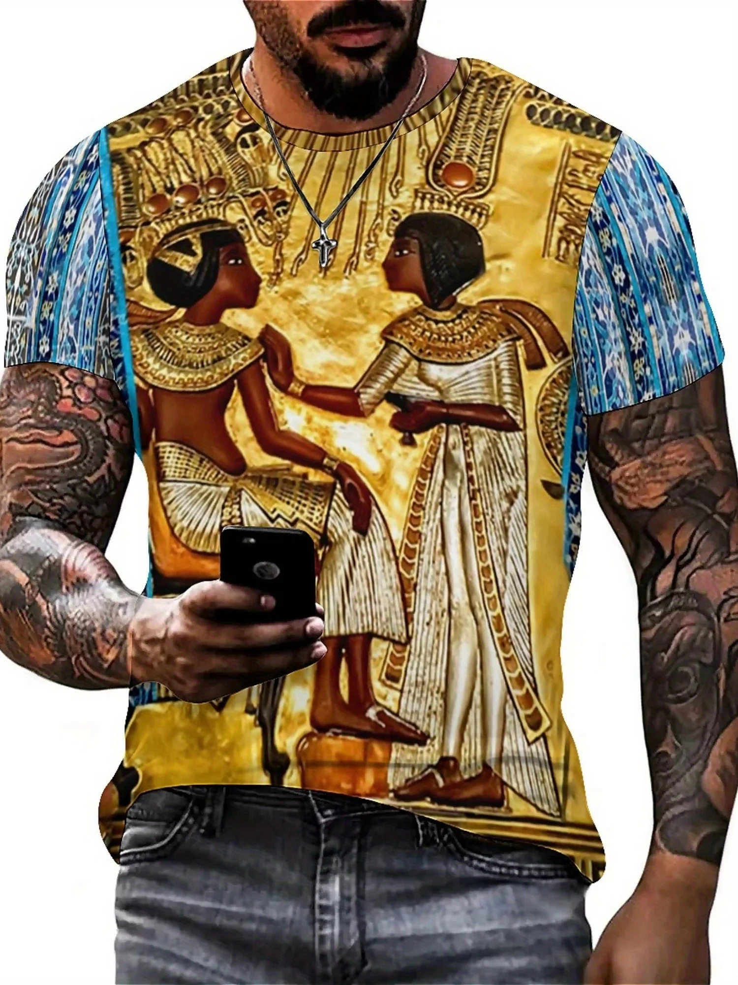 Men's Retro Y2K Ancient Egyptian Pharaoh 3D Print T-Shirt - Short Sleeve, Round Neck, Vibrant Egyptian Art Design
