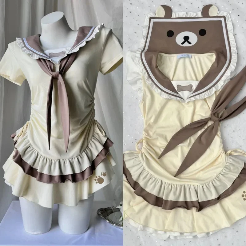 

Rilakkuma Y2K Tops&Tees Summer Japan Printed Sweetheart Soft Girl Splicing Dress Navy Collar Cute Casual Short Sleeve Tee New