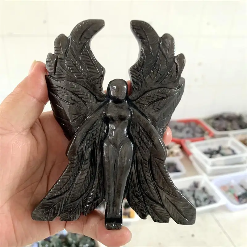 Natural Black Obsidian Seraph Angel Carving Stand Energy Gemstone Healing Stone Home Decoration Gift 1PCS