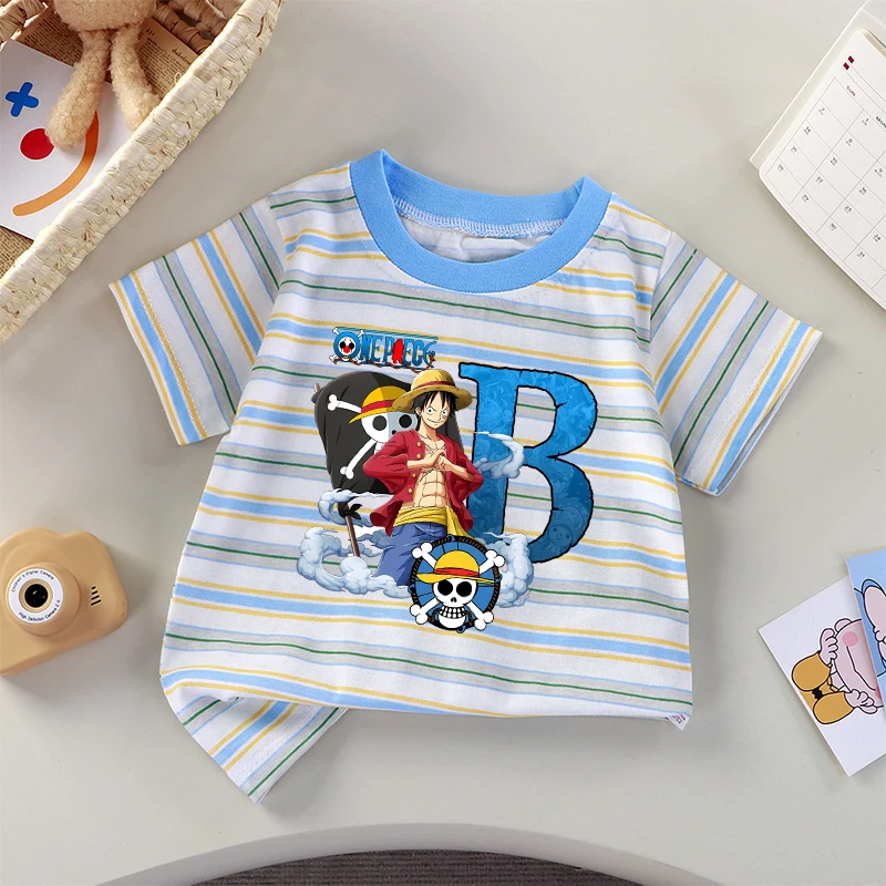 Uma peça listrado camiseta roupas infantis luffy dos desenhos animados anime A-Z carta padrão de manga curta menino verão topo criança moda t