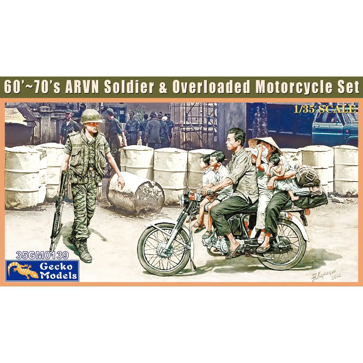 Gecko Models 35GM0139 1/35 60’~70’s ARVN Soldier & Overloaded Motorcycle Set - Scale Model Kit