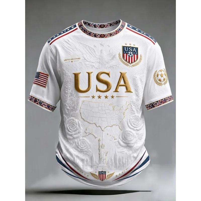 3D Print USA Patriotic Soccer T-Shirt With Golden USA Logo, American Flag Football Fan Casual Tee For Independence Day