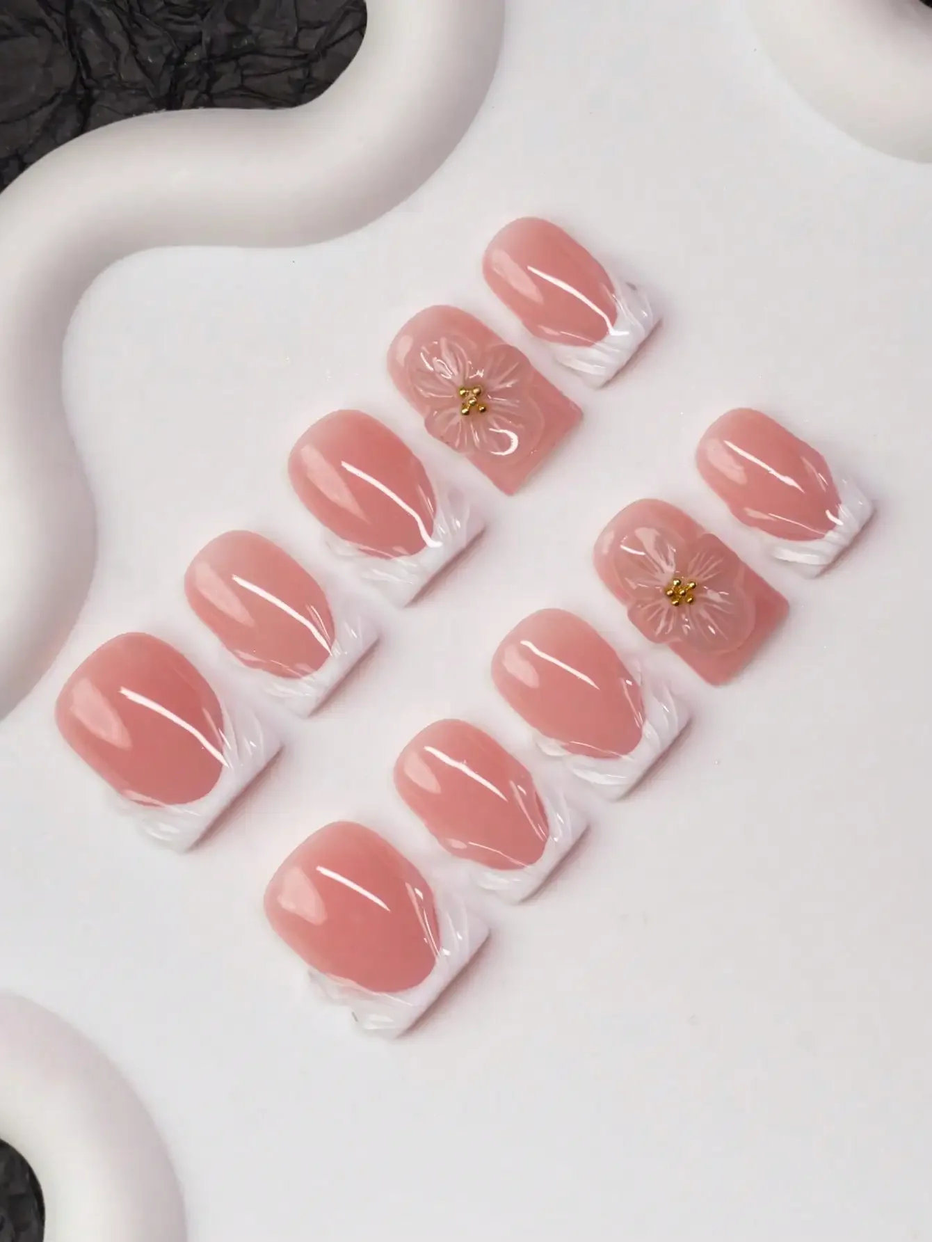 10pcs/Set Handmade Square Nail Tips, Y2K Baddie Style, Nude & White Color With French Tips, Crystal Embellishment Design, Suitab