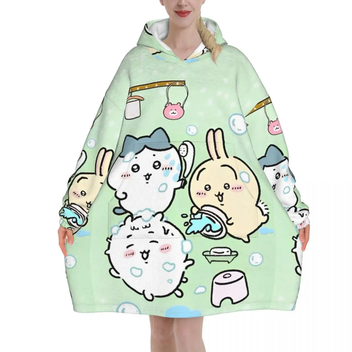 Chiikawa Cartoon Cute Blanket Hoodie Oversized Wearable Sweatshirt Blanket Warm Gifts for Women Girls Girlfriend