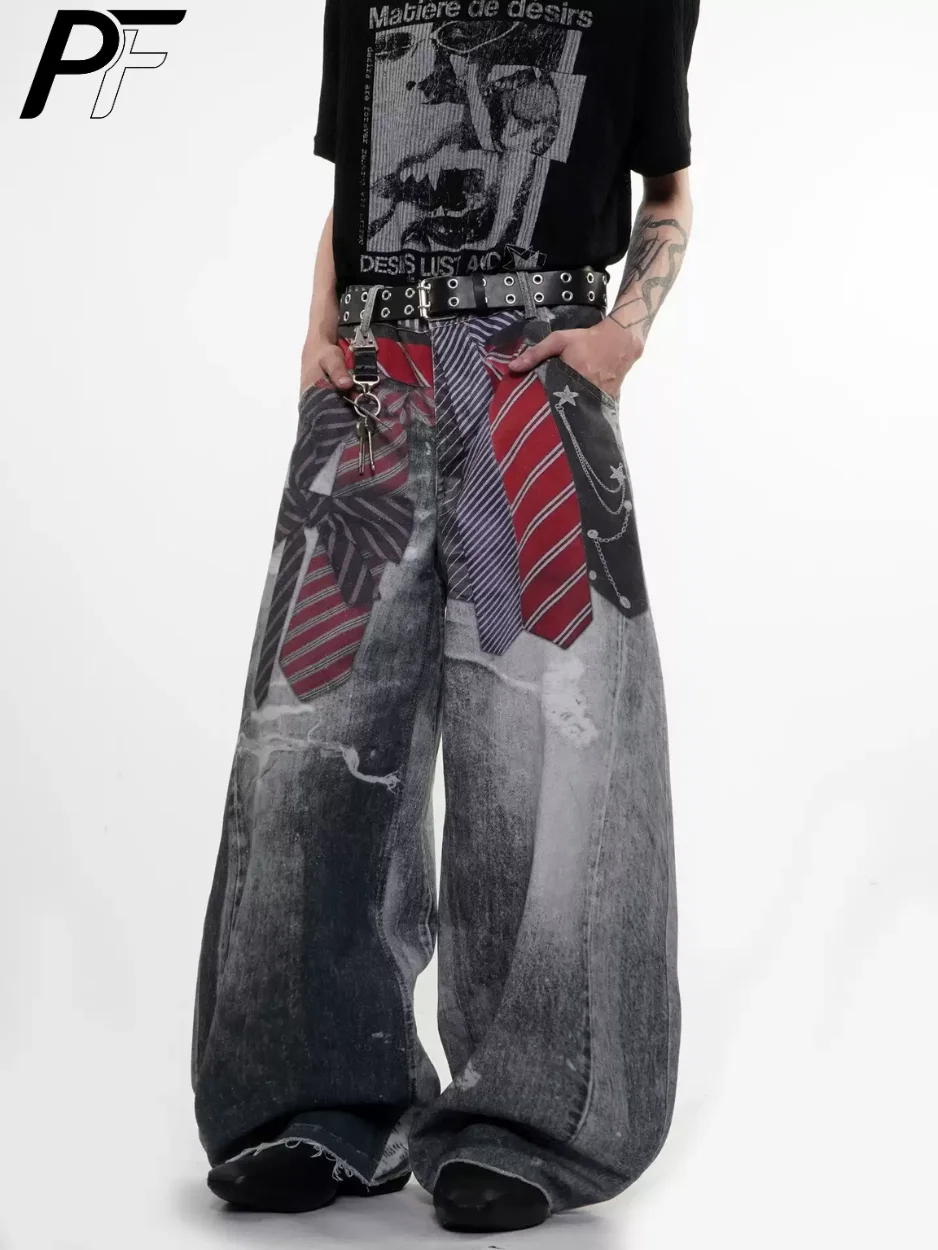 

3D Printed Tie Pattern Baggy Jeans Vintage Washed Distressed Denim Pants High Street Wide Leg Trousers Hip Hop Streetwear