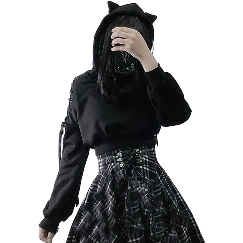 Y2k Gothic Dames Hoodie Kat Oor Crop Top Capuchon Sweatshirt Hol Lace Up Lange Mouw Capuchon Casual Trui Herfst