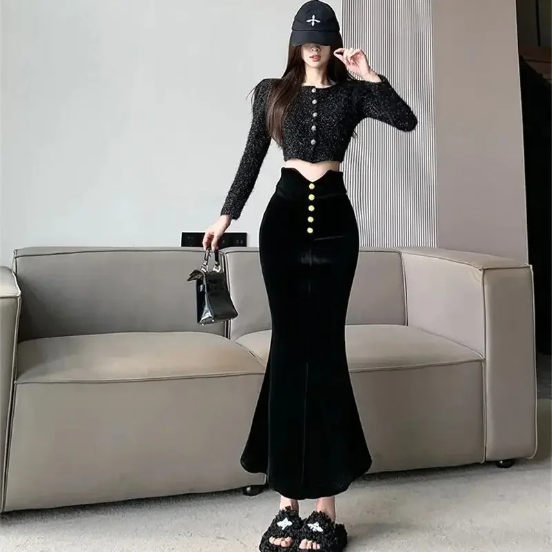 Nieuwe Franse Fluwelen Slanke Zeemeermin Rok Vrouwen Elegante Sexy Verpakt Hip Hoge Taille Mode Lange Party Rokken Knoppen Mujer Faldas