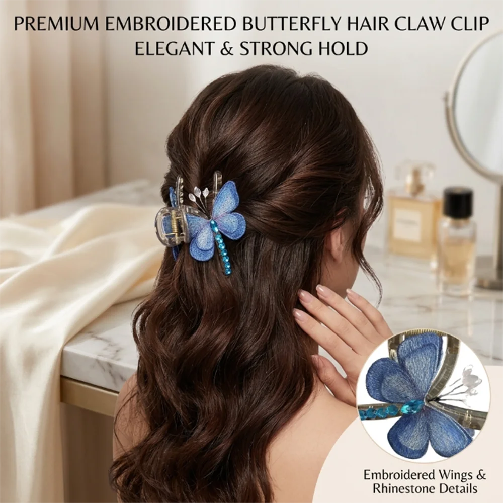 

Butterfly Retro Style Embroidery Butterfly Grab Clip Medium Back Head Half Tie Hair Shark Clip Women's Hair Accessories