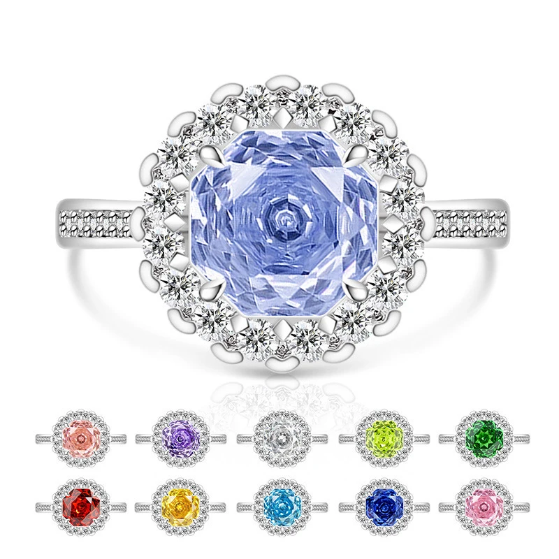 Classic Best-Selling Colored Gemstone Rose-Cut Princess Square-Shaped Ring. Ultra-Shiny Pappalacha High-Carat Diamond Women's Je
