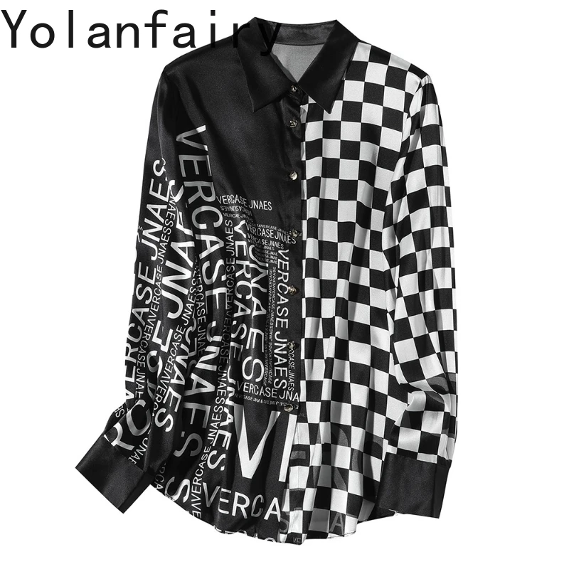 

YOLANFAIRY 95% Mulberry Silk 5% Spandex Shirt Women Clothing High-end Plaid Long Sleeve Shirts Woman Elegant Shirts Dames 2025