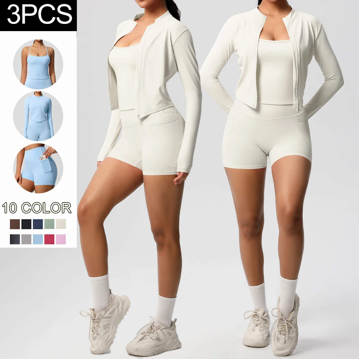 3PCS Yoga Set Solid Color Gym Sports Backless Workout Top Zipper Coat Quick Drying Yoga Shorts With Pockets Woman Yoga Set